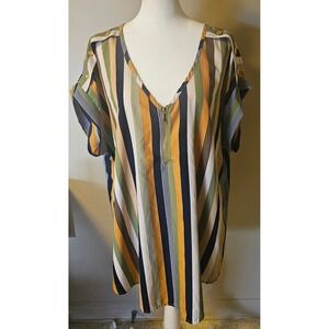 Speed Limit MPH Striped V-Neck Zip Front Blouse Mustard Green 2X